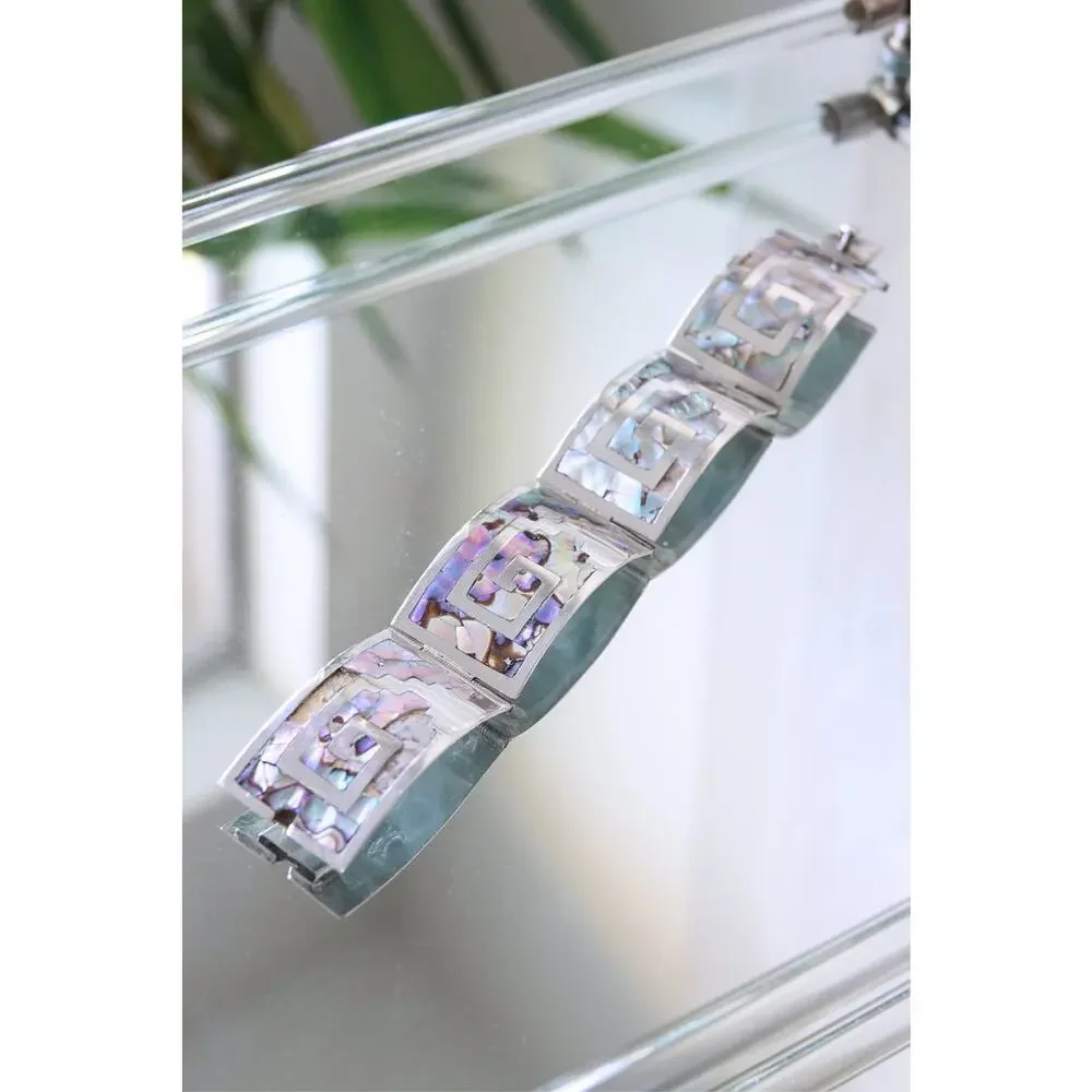 Vintage Sterling Silver Greek Key Abalone Cuff Bracelet, Mexico